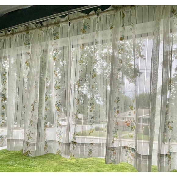 Vintage 70s floral curtains, green orange blue bouquet, for 1 pair or 1 panel - Picture 5 of 8